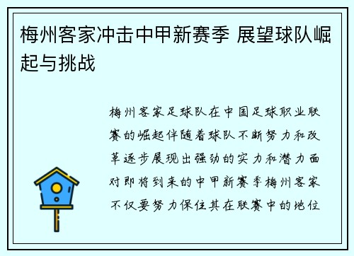 梅州客家冲击中甲新赛季 展望球队崛起与挑战 梅州客家冲击中甲新赛季 展望球队崛起与挑战